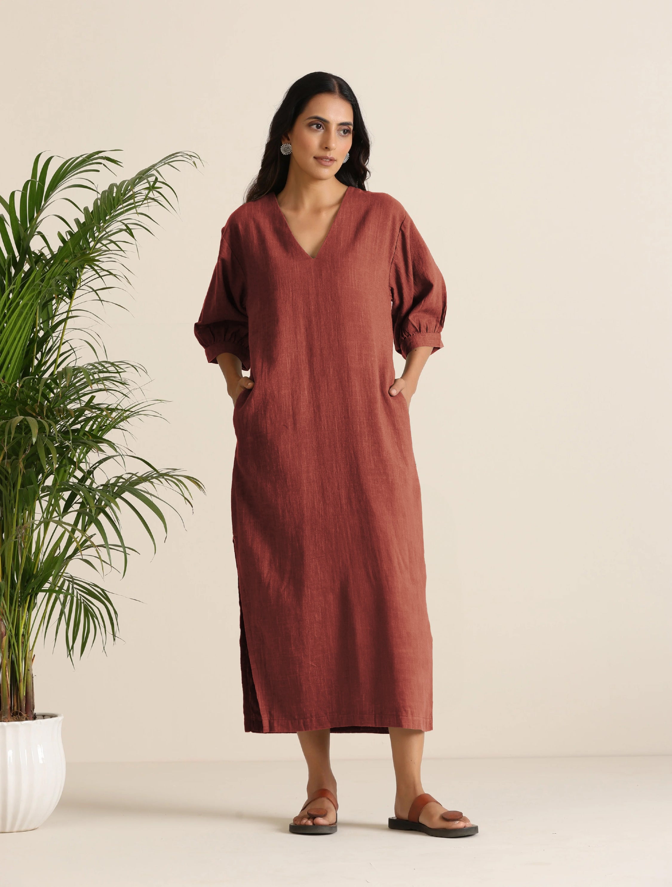 Women's Rust Brown Cotton Blend Long Dress