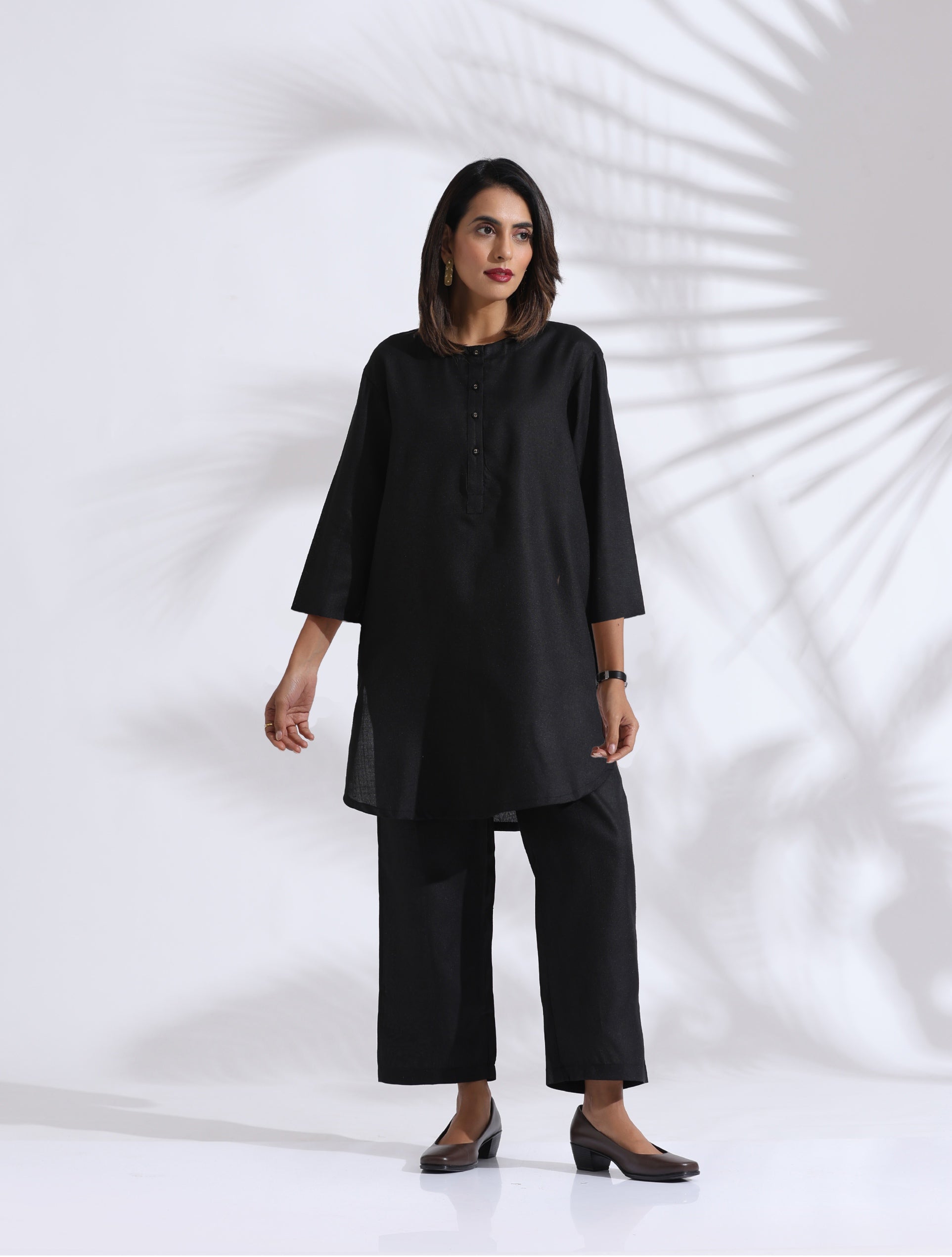 Women's Black Slub Kurta Co-ord Set