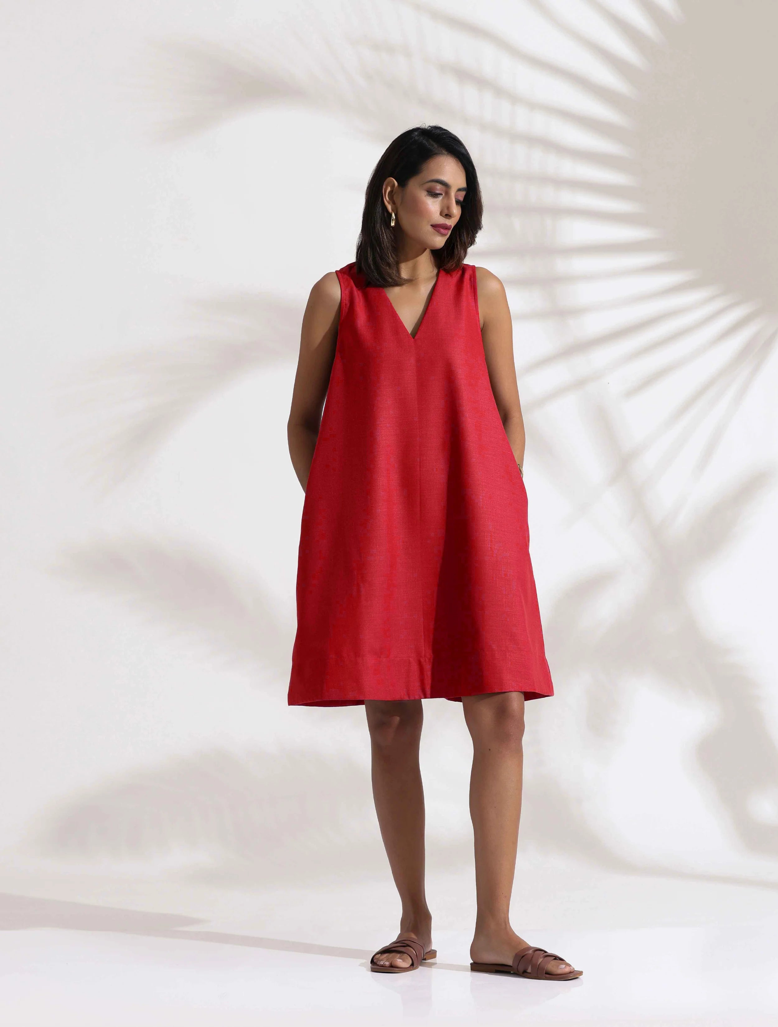 Women's Red Cotton Blend Short Dress