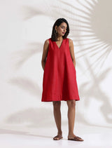 Women's Red Cotton Blend Short Dress
