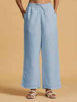 Women's Blue Cotton Blend Straight Drawstring Pants