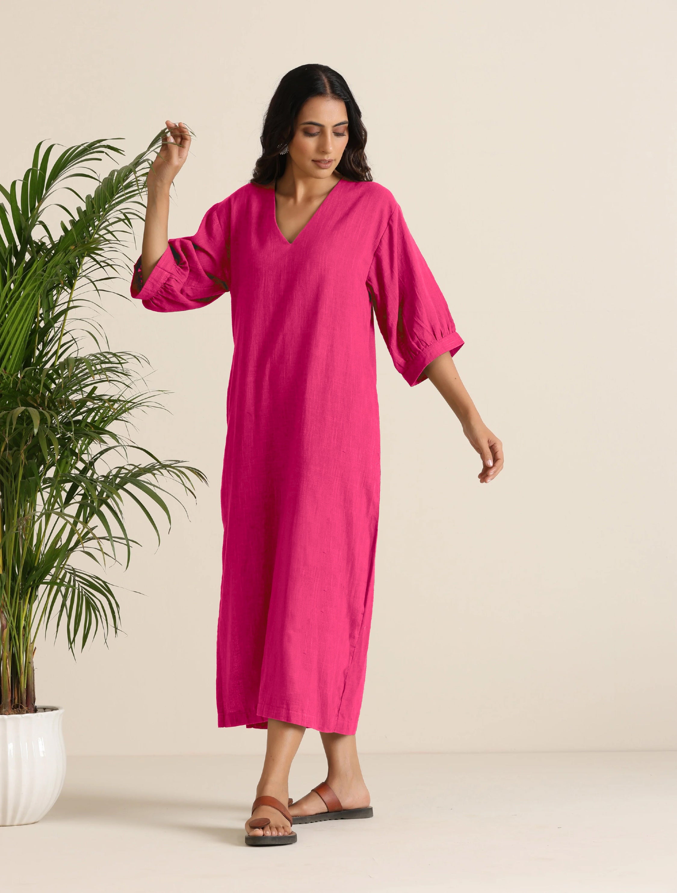 Women's Hot Pink Cotton Blend Long Dress