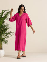 Women's Hot Pink Cotton Blend Long Dress