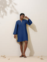 Women's Blue Cotton Blend Short Dress