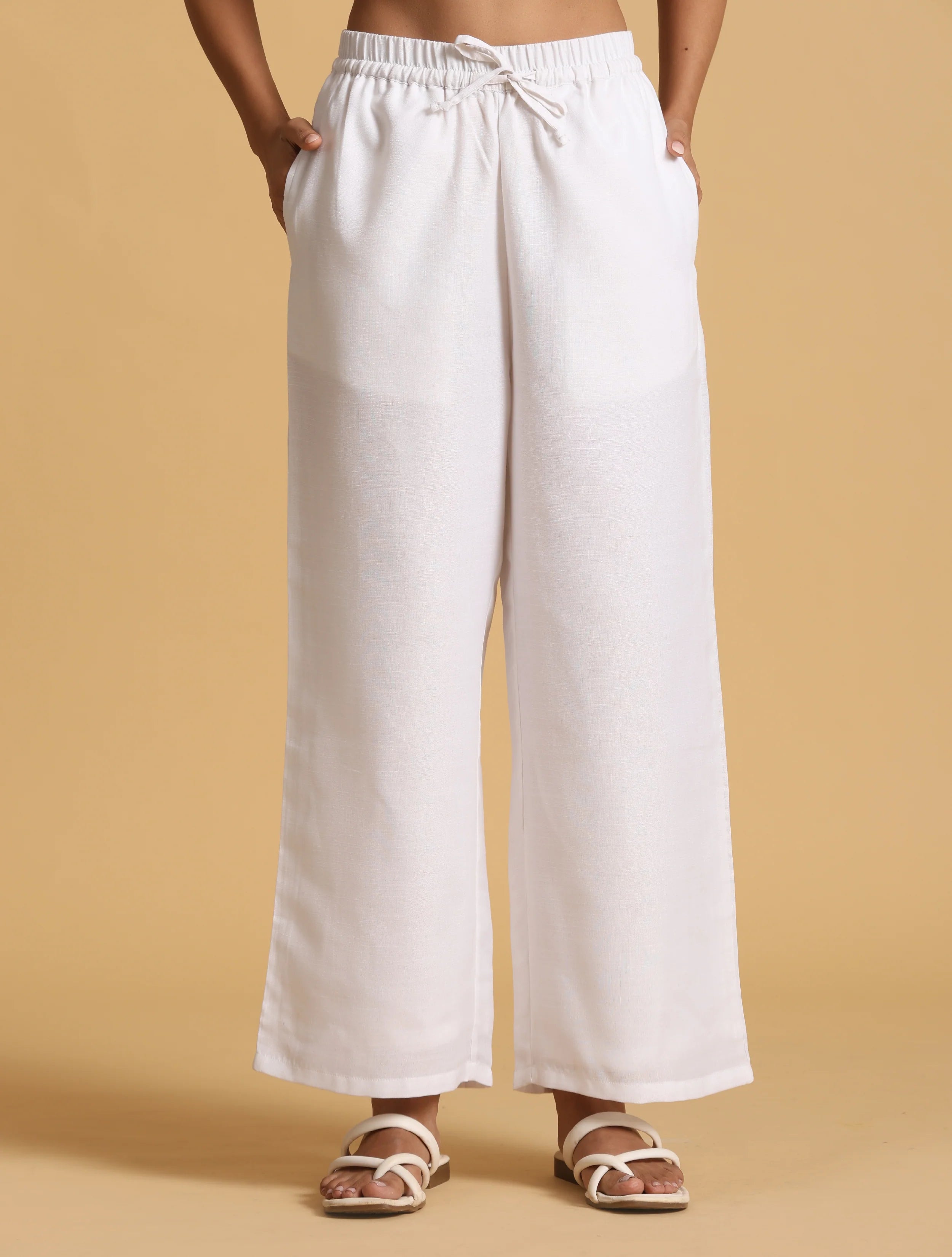 Women's White Cotton Blend Elasticated Drawstring Straight Pants
