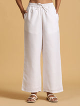 Women's White Cotton Blend Elasticated Drawstring Straight Pants