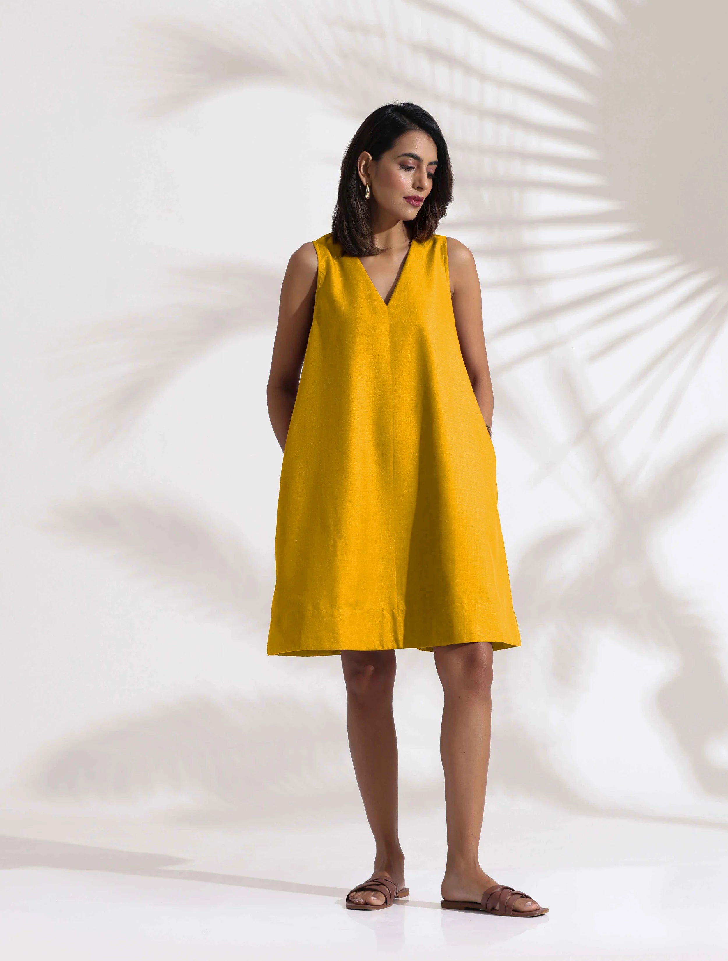 Women's Yellow Cotton Blend Short Dress