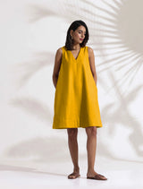 Women's Yellow Cotton Blend Short Dress