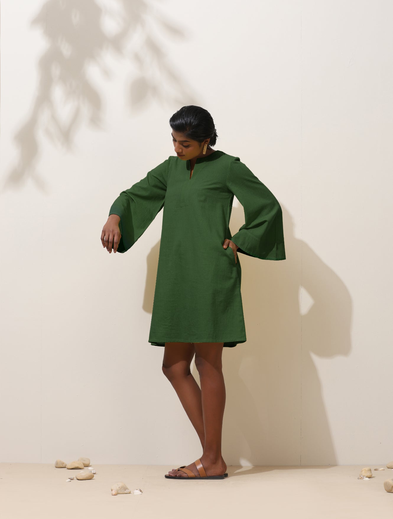 Women's Green Cotton Blend Short Dress