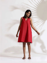 Women's Red Cotton Blend Short Dress