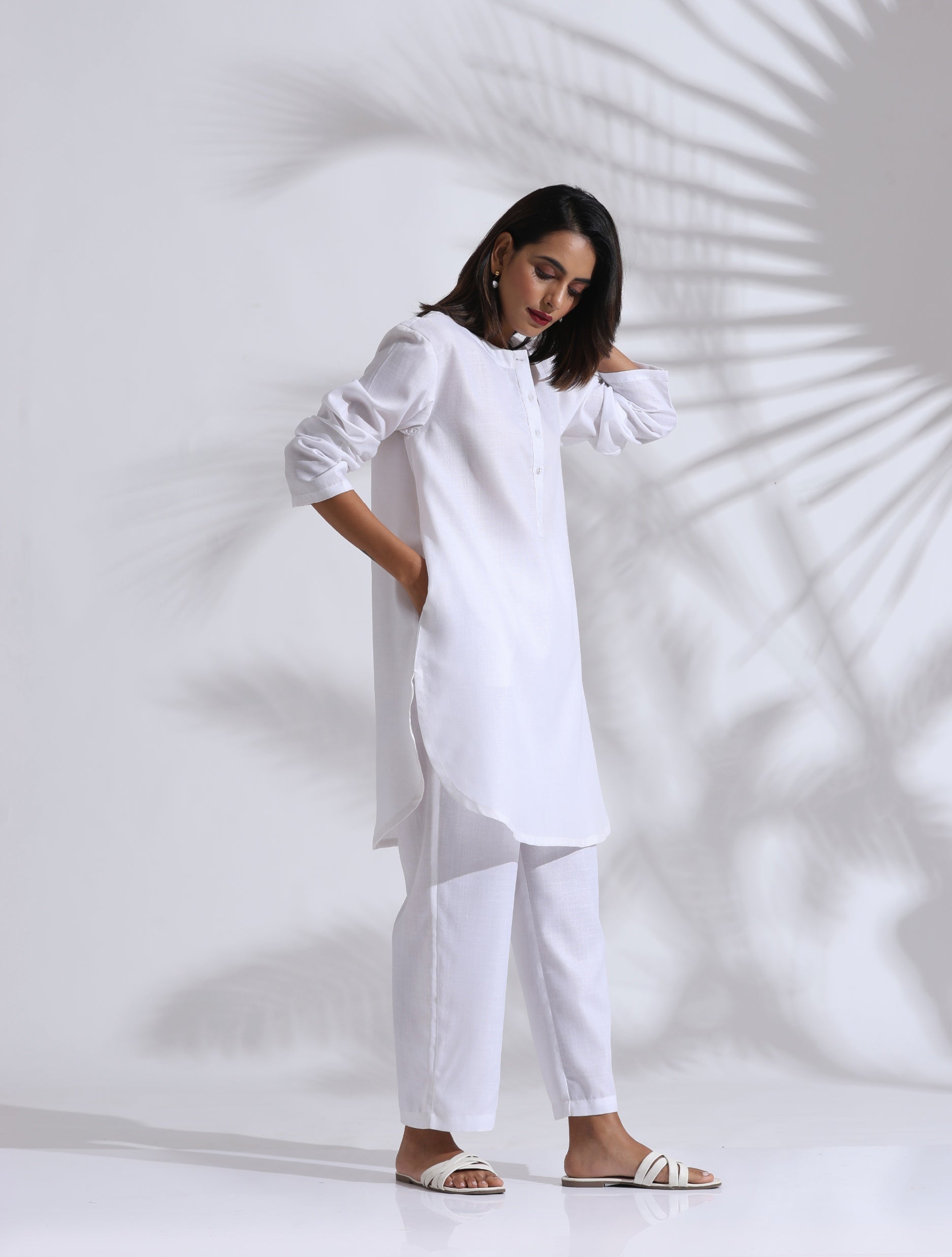 Women's White Slub Kurta Co-ord Set