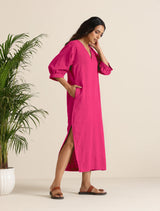 Women's Hot Pink Cotton Blend Long Dress