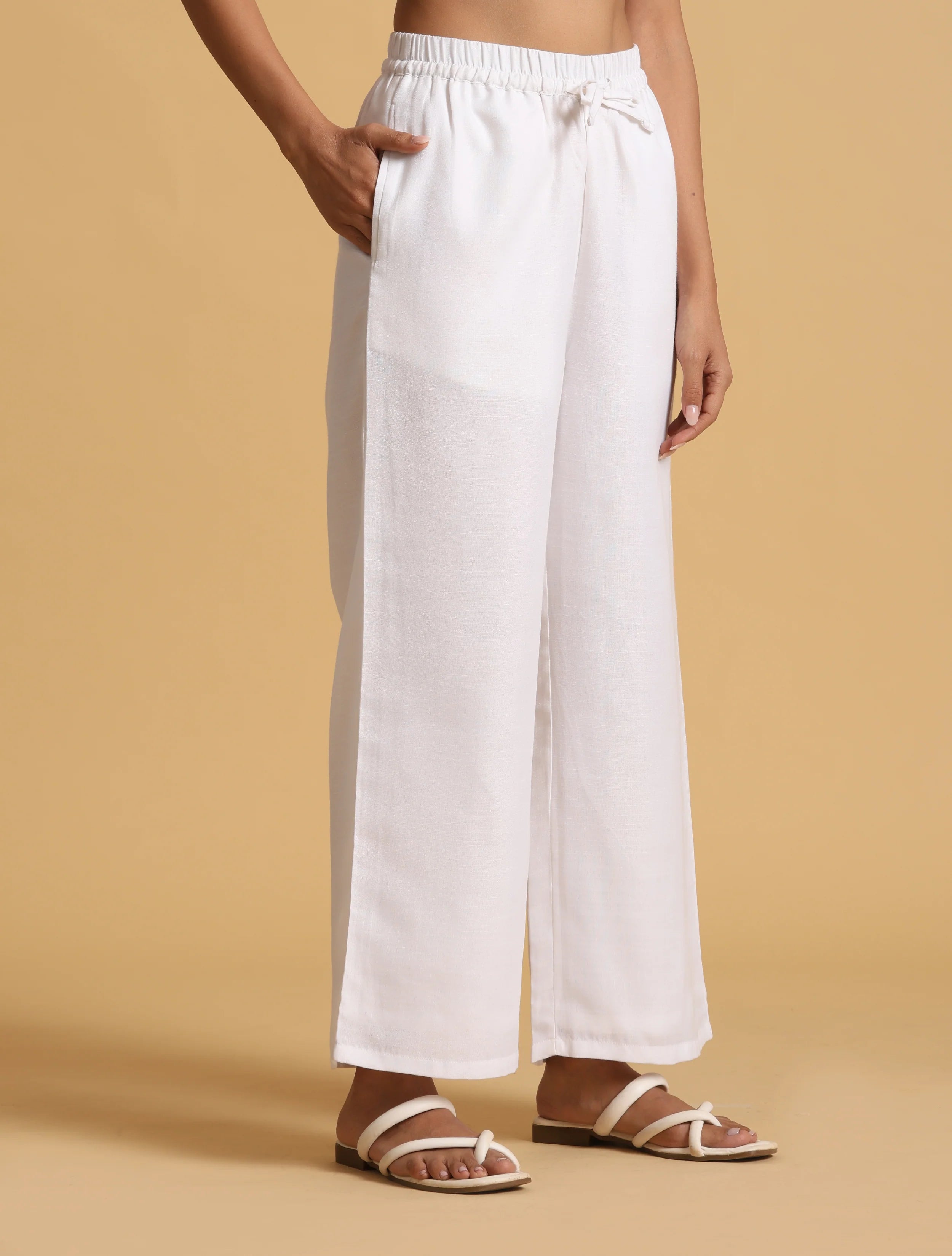 Women's White Cotton Blend Elasticated Drawstring Straight Pants