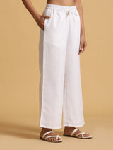 Women's White Cotton Blend Elasticated Drawstring Straight Pants