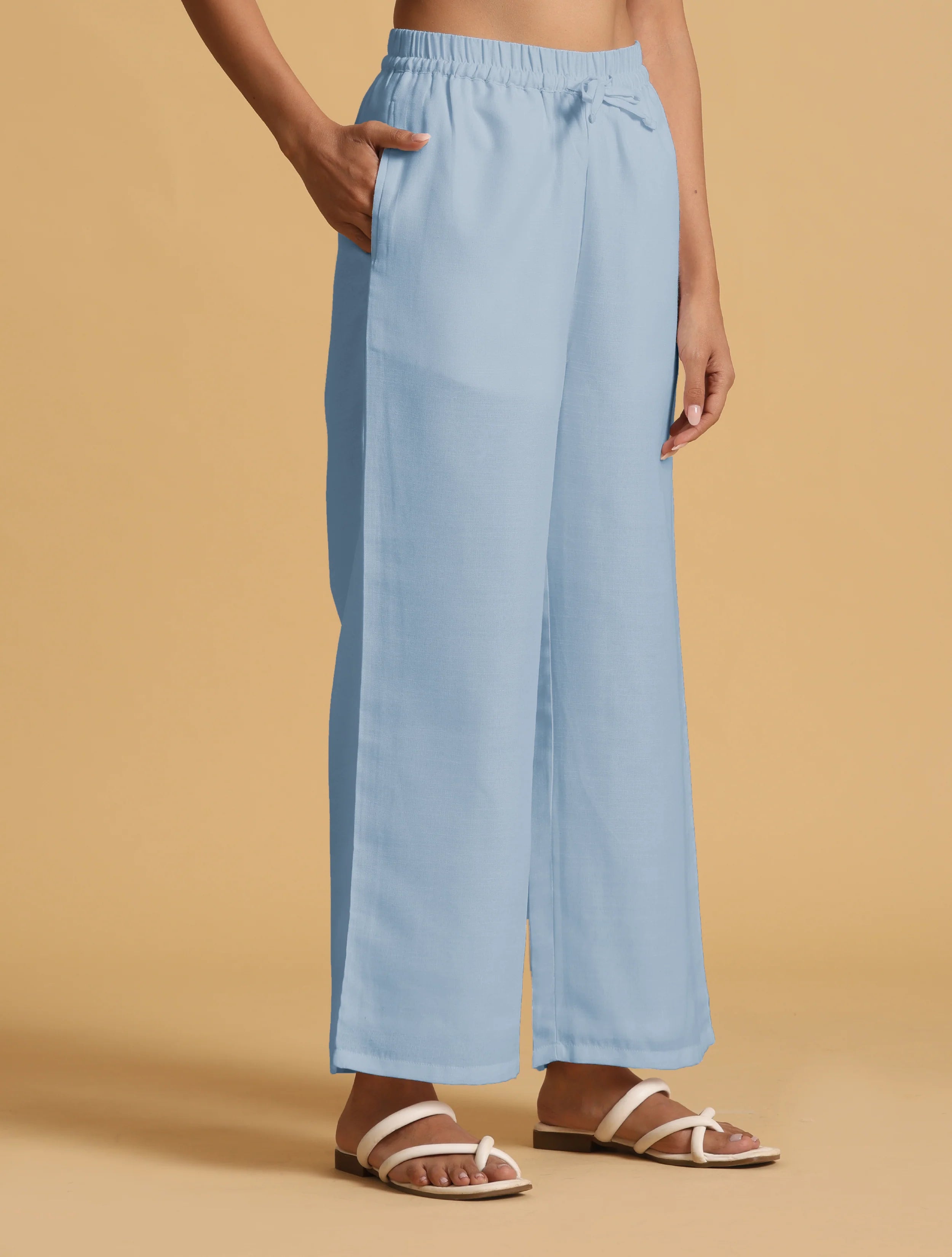 Women's Blue Cotton Blend Straight Drawstring Pants