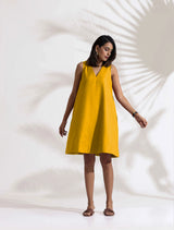 Women's Yellow Cotton Blend Short Dress