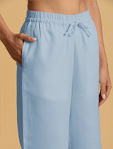 Women's Blue Cotton Blend Straight Drawstring Pants