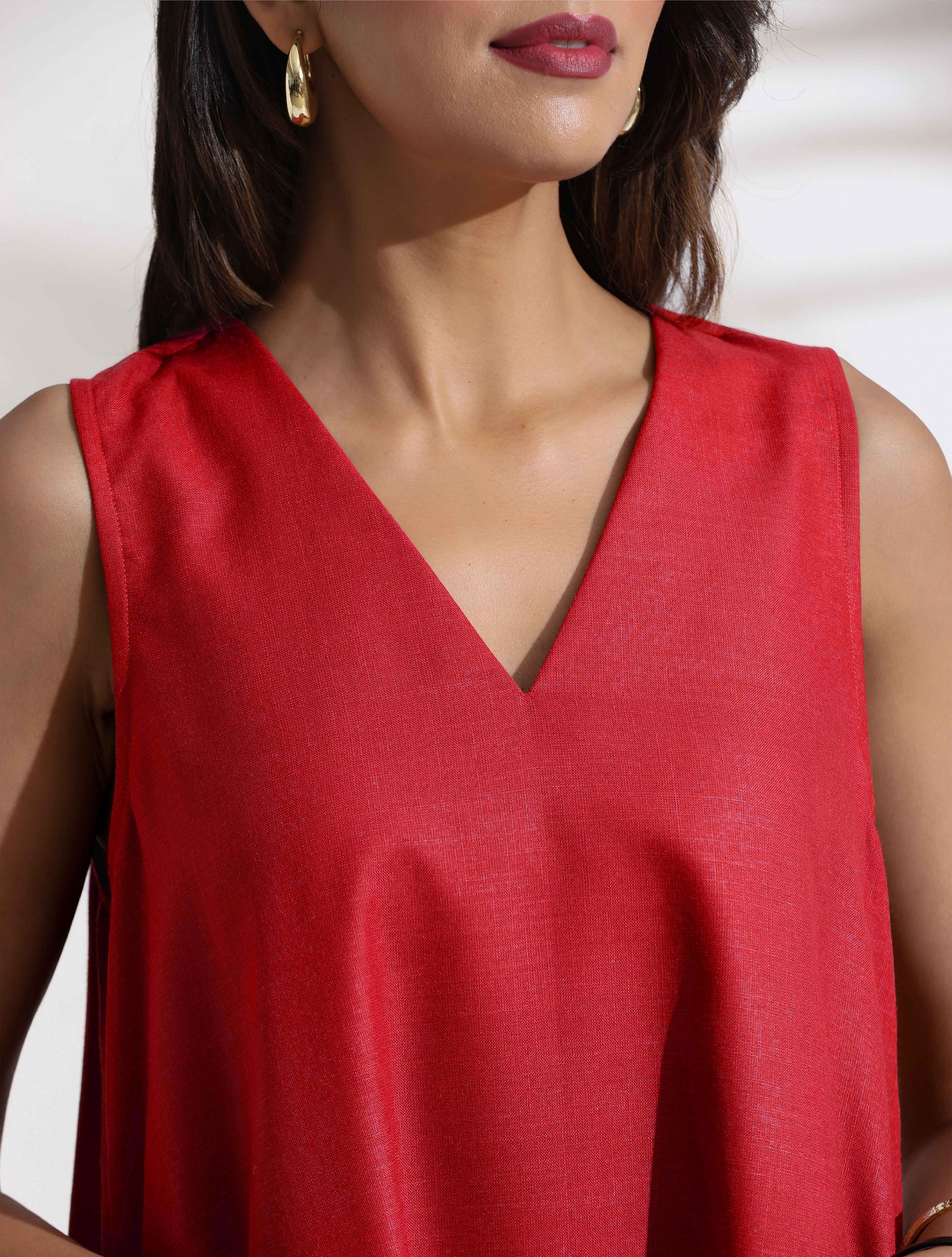 Women's Red Cotton Blend Short Dress