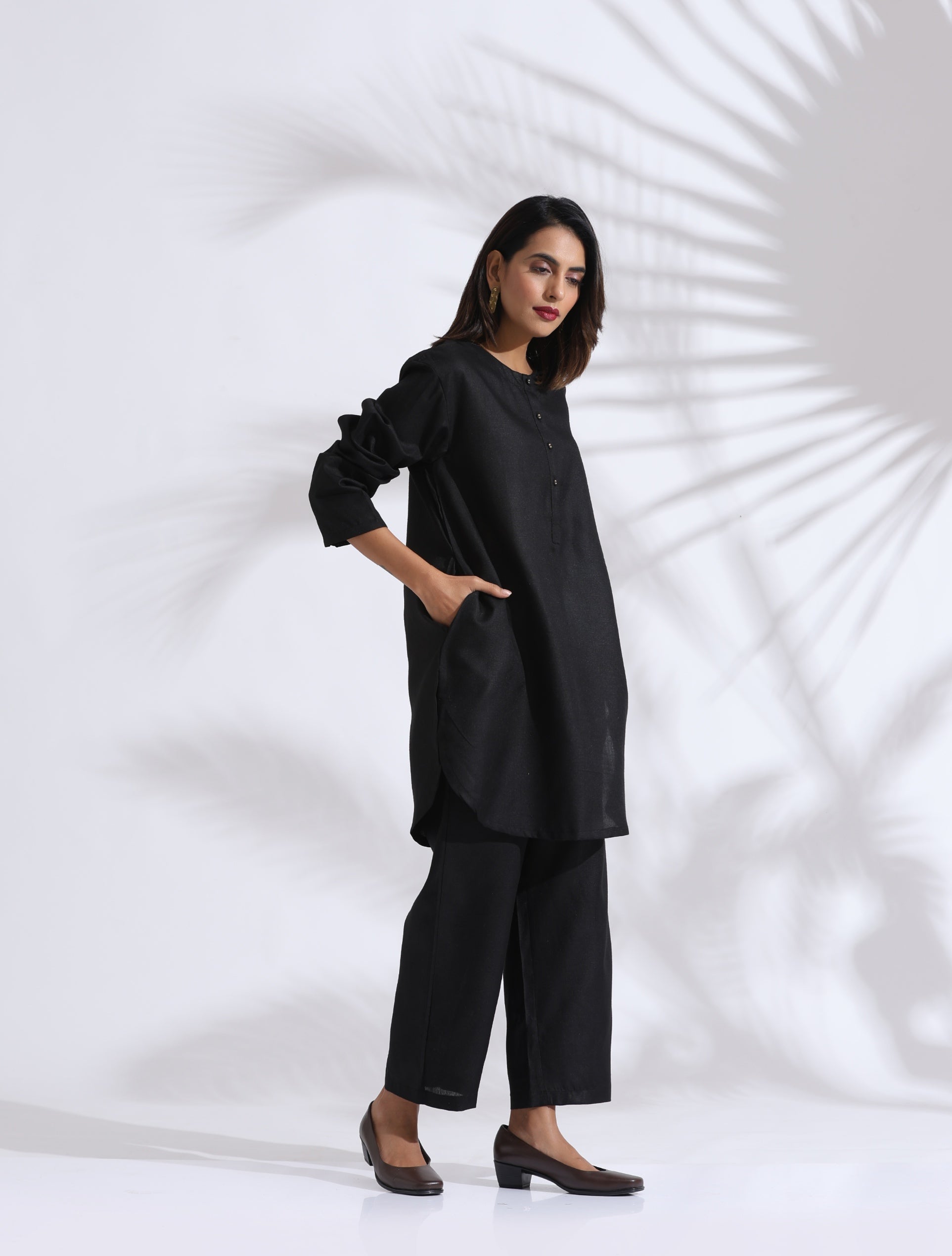 Women's Black Slub Kurta Co-ord Set