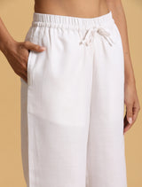 Women's White Cotton Blend Elasticated Drawstring Straight Pants