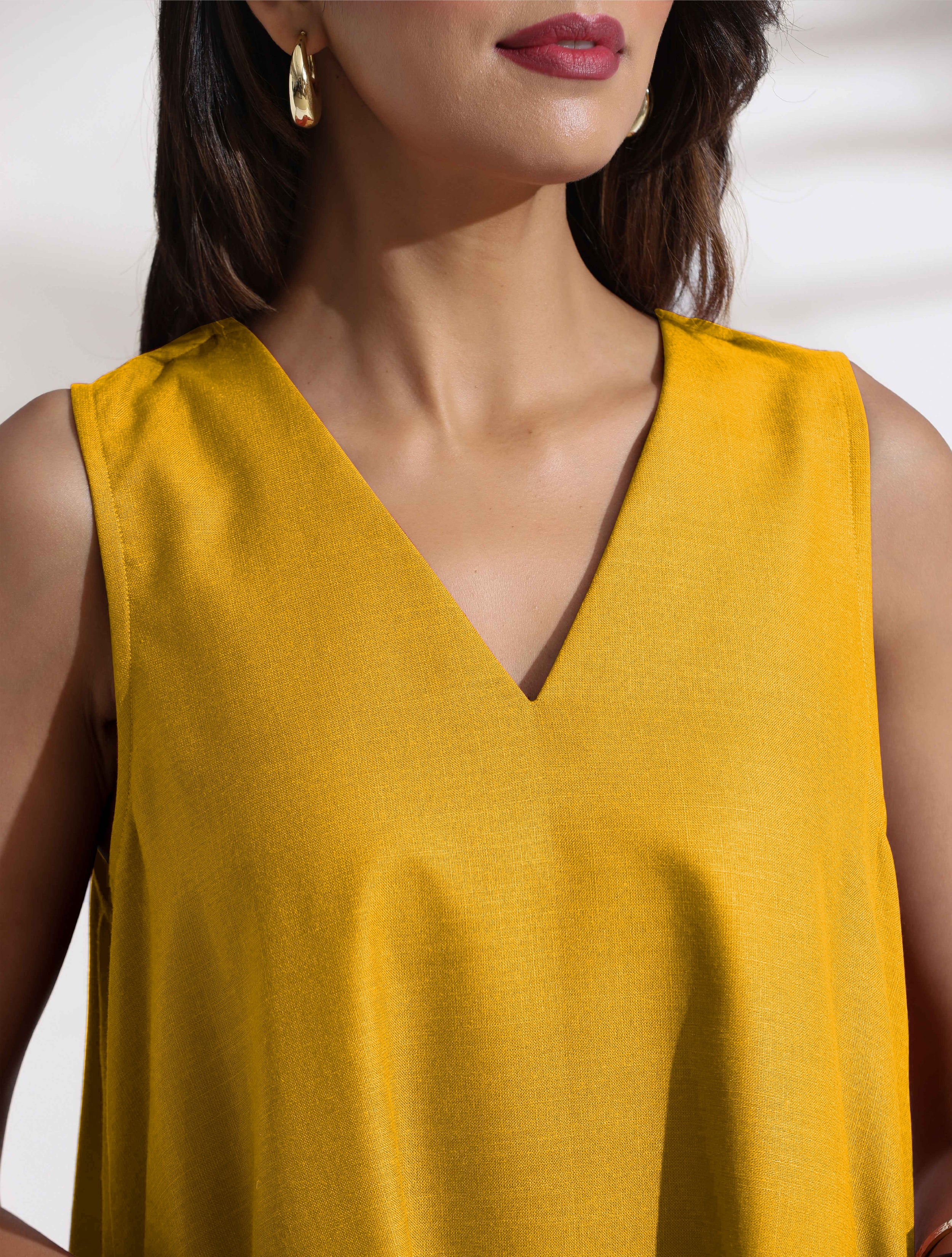 Women's Yellow Cotton Blend Short Dress