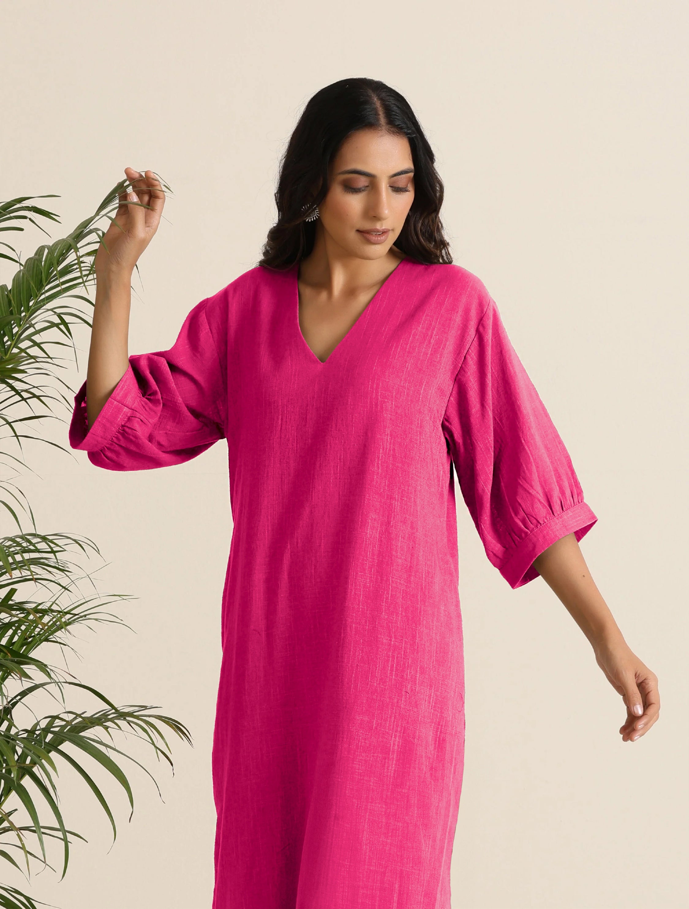 Women's Hot Pink Cotton Blend Long Dress
