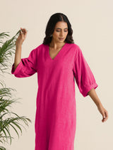 Women's Hot Pink Cotton Blend Long Dress