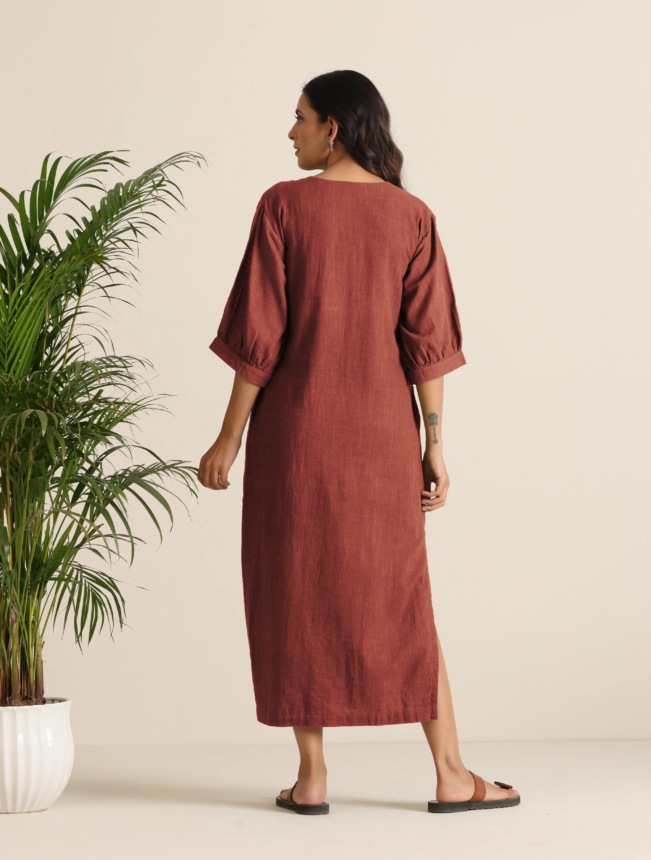Women's Rust Brown Cotton Blend Long Dress