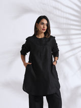 Women's Black Slub Kurta Co-ord Set