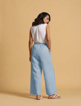 Women's Blue Cotton Blend Straight Drawstring Pants