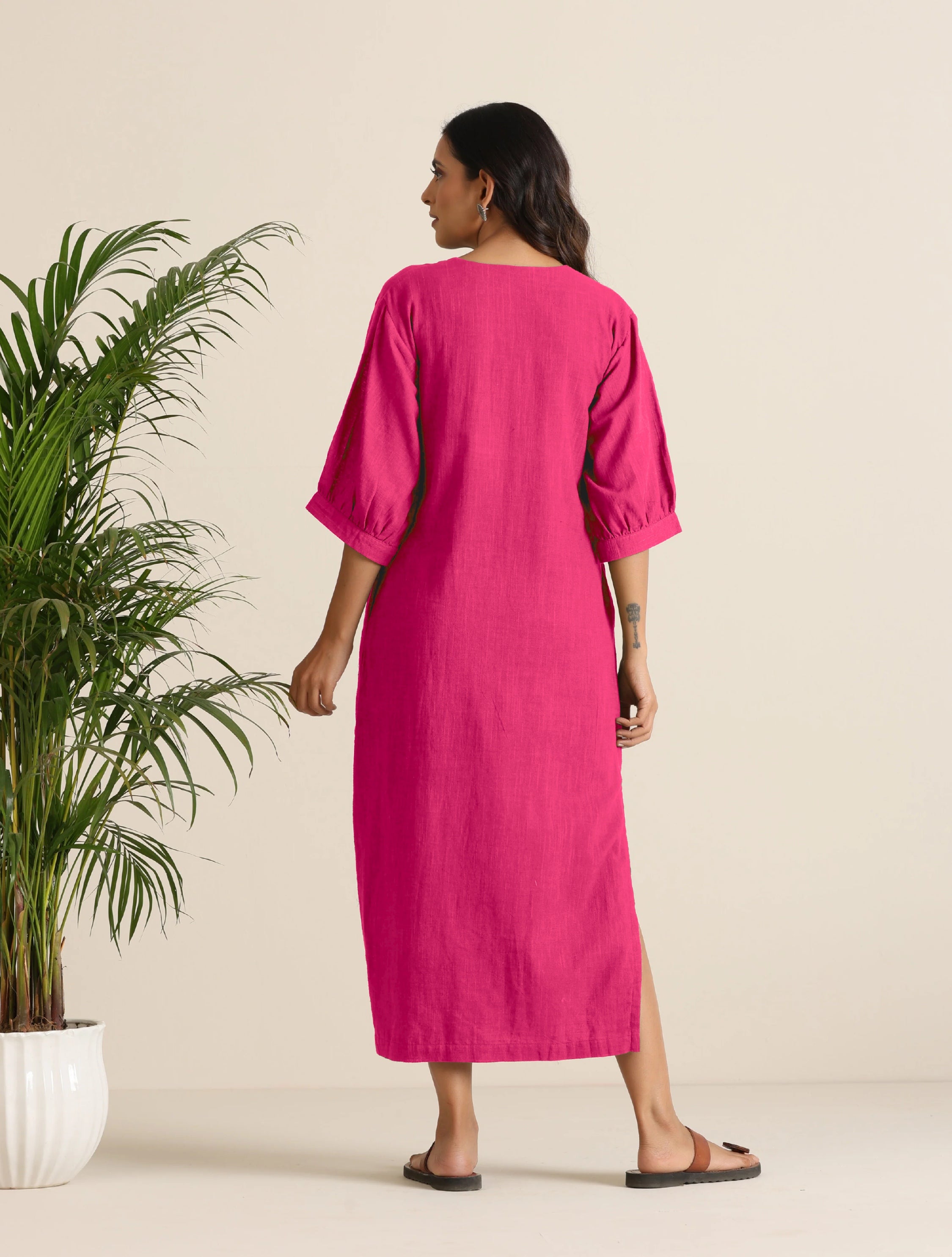 Women's Hot Pink Cotton Blend Long Dress