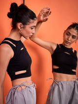 Women's Black Casual Sleeveless Stretchable with Front Cut Outs Ribbed Top