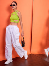 Women's Green Casual Sleeveless Stretchable with Front Cut Outs Ribbed Top