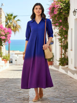 Women's Blue Casual Front Pleated Cotton Midi A-Line Dress