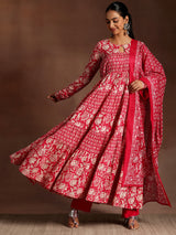 Women's Pink Floral Printed Panelled a-line Kurta with Solid Trouser and Printed Dupatta