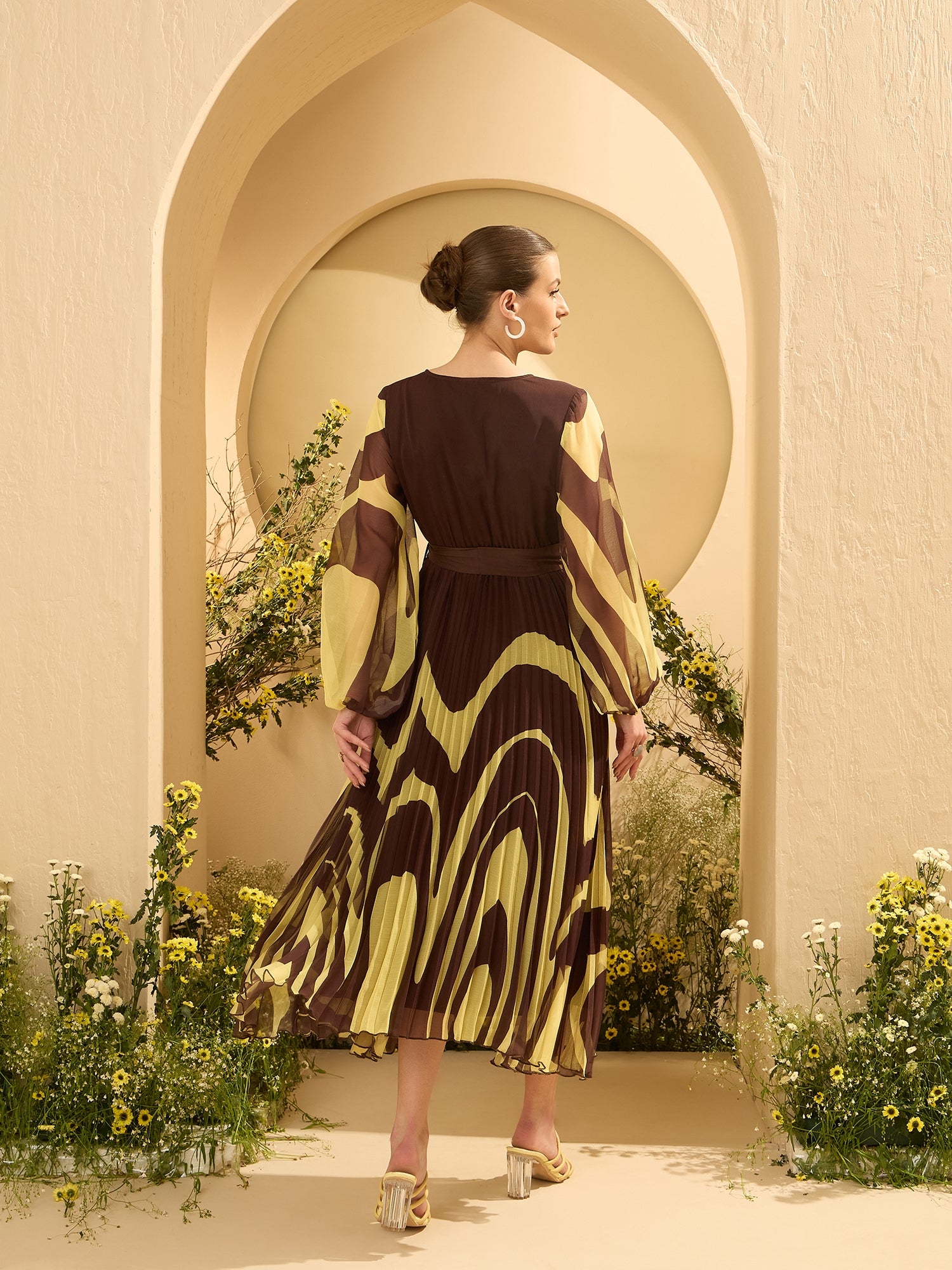Women's Brown Tropical Print Chiffon Midi Dress