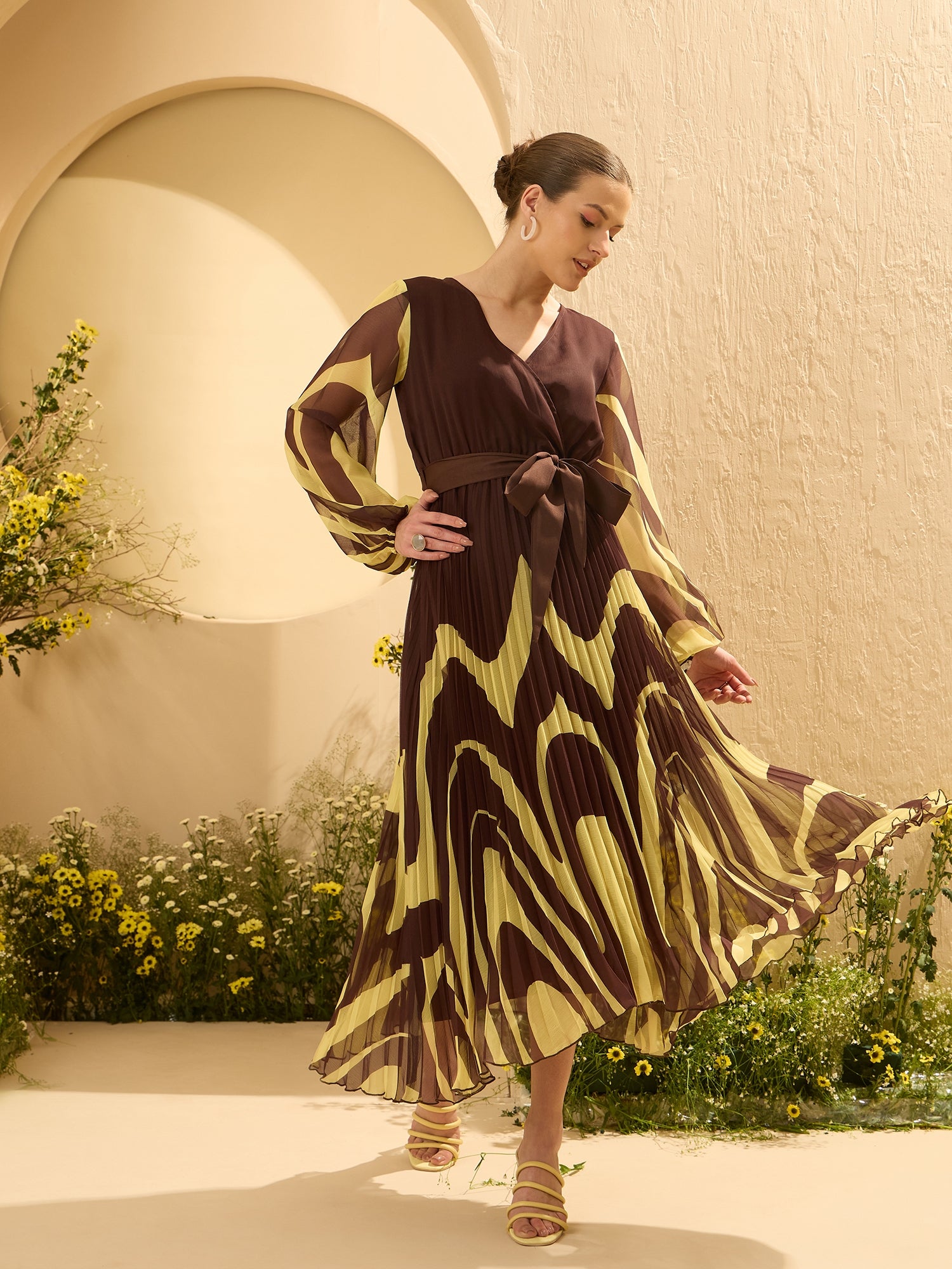 Women's Brown Tropical Print Chiffon Midi Dress