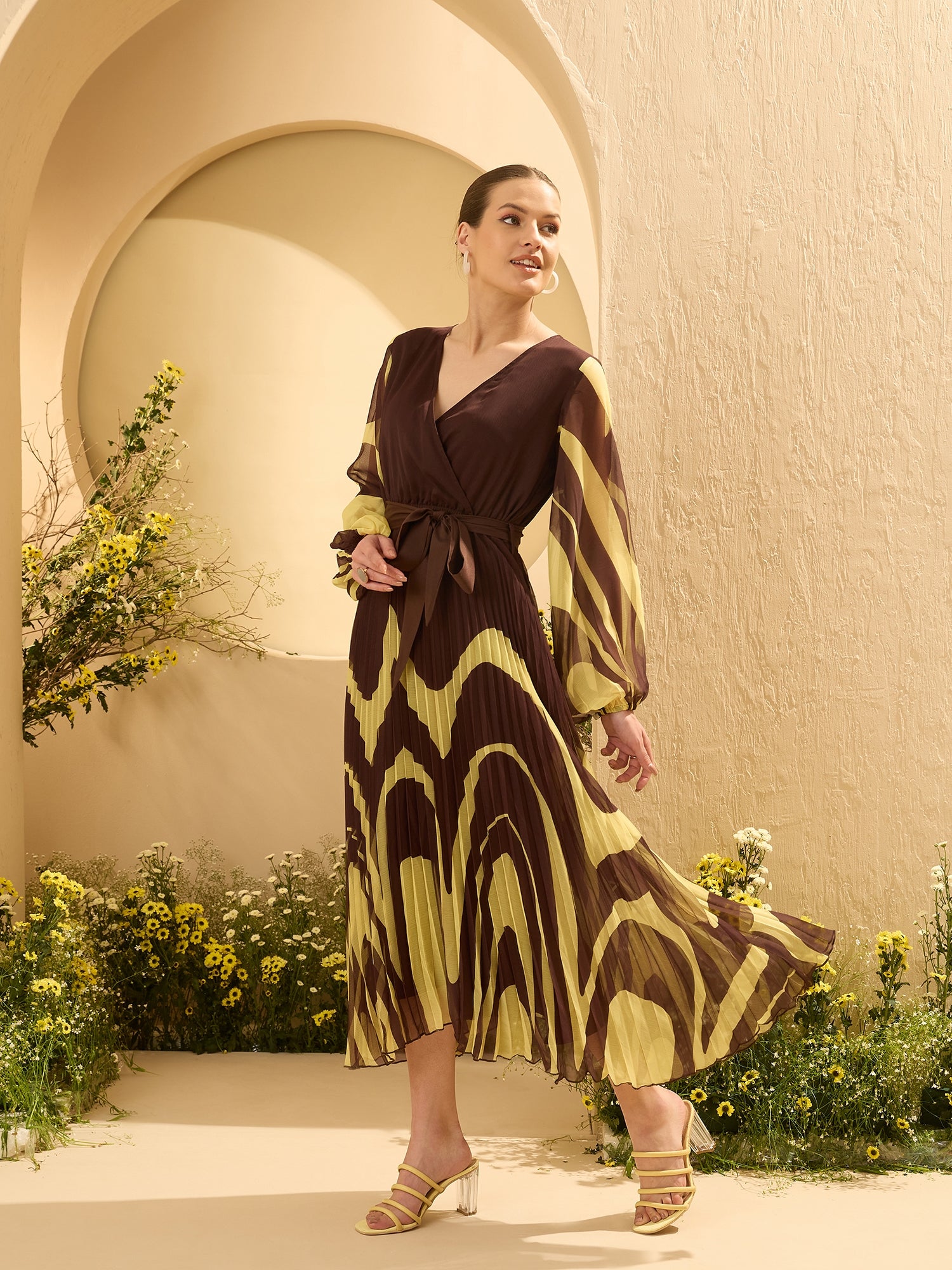 Women's Brown Tropical Print Chiffon Midi Dress