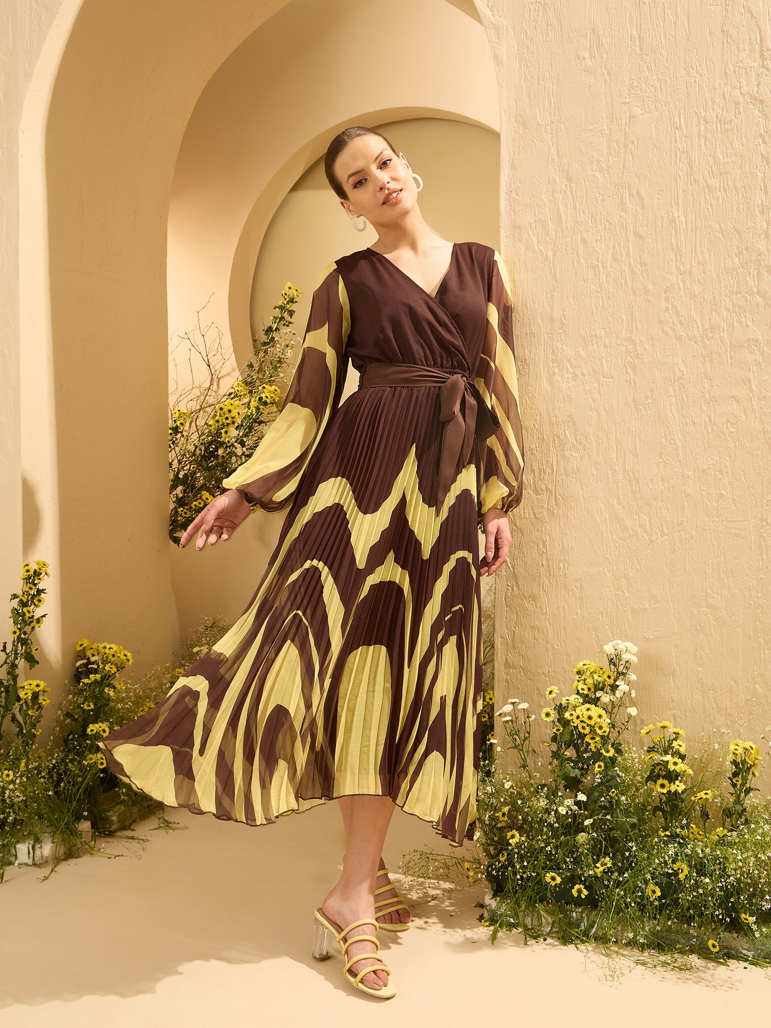 Women's Brown Tropical Print Chiffon Midi Dress