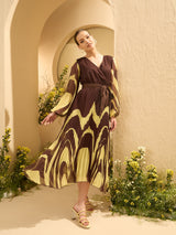 Women's Brown Tropical Print Chiffon Midi Dress