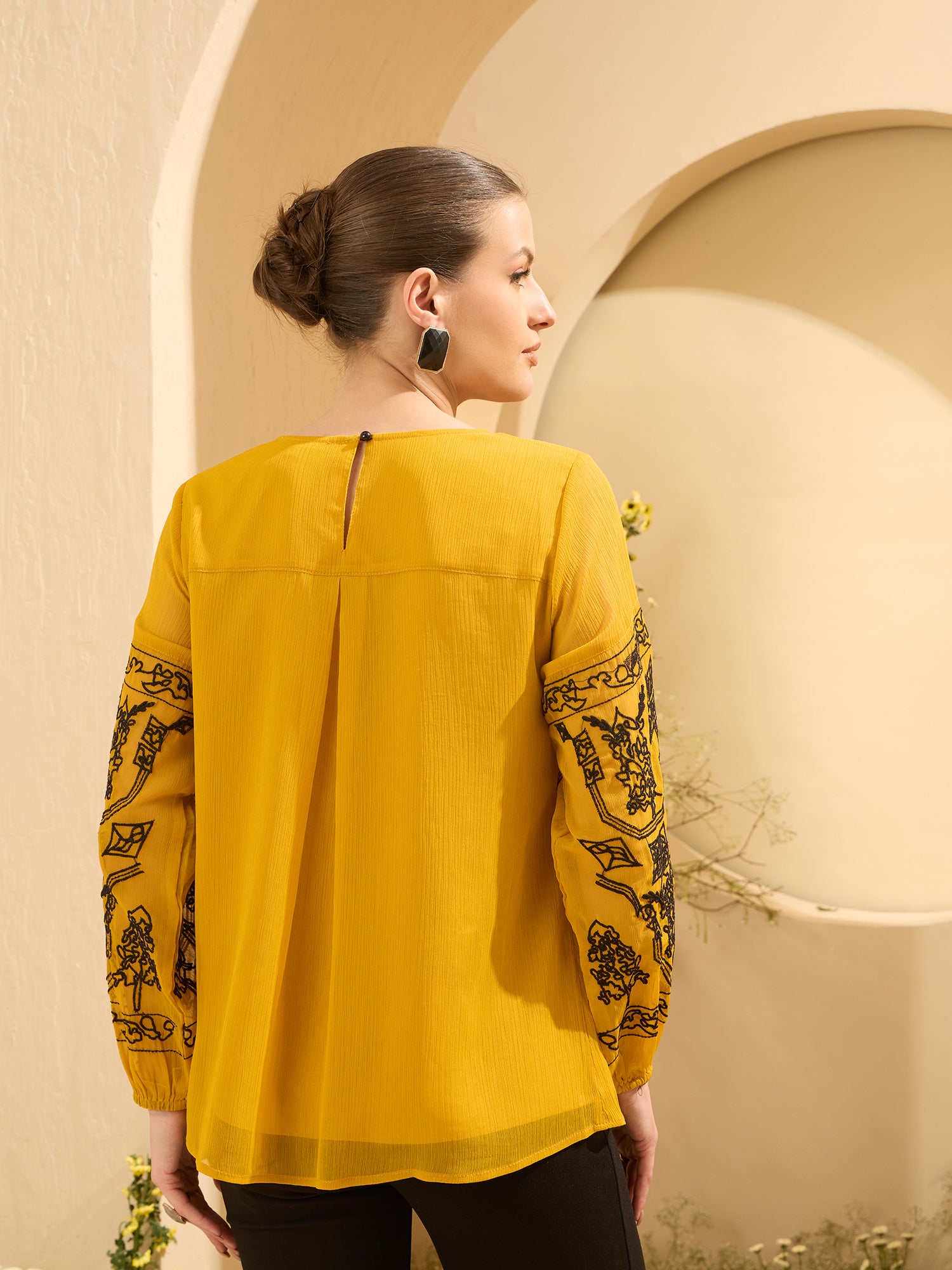 Women's Mustard Casual Embroide Top