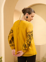 Women's Mustard Casual Embroide Top