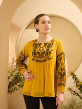 Women's Mustard Casual Embroide Top