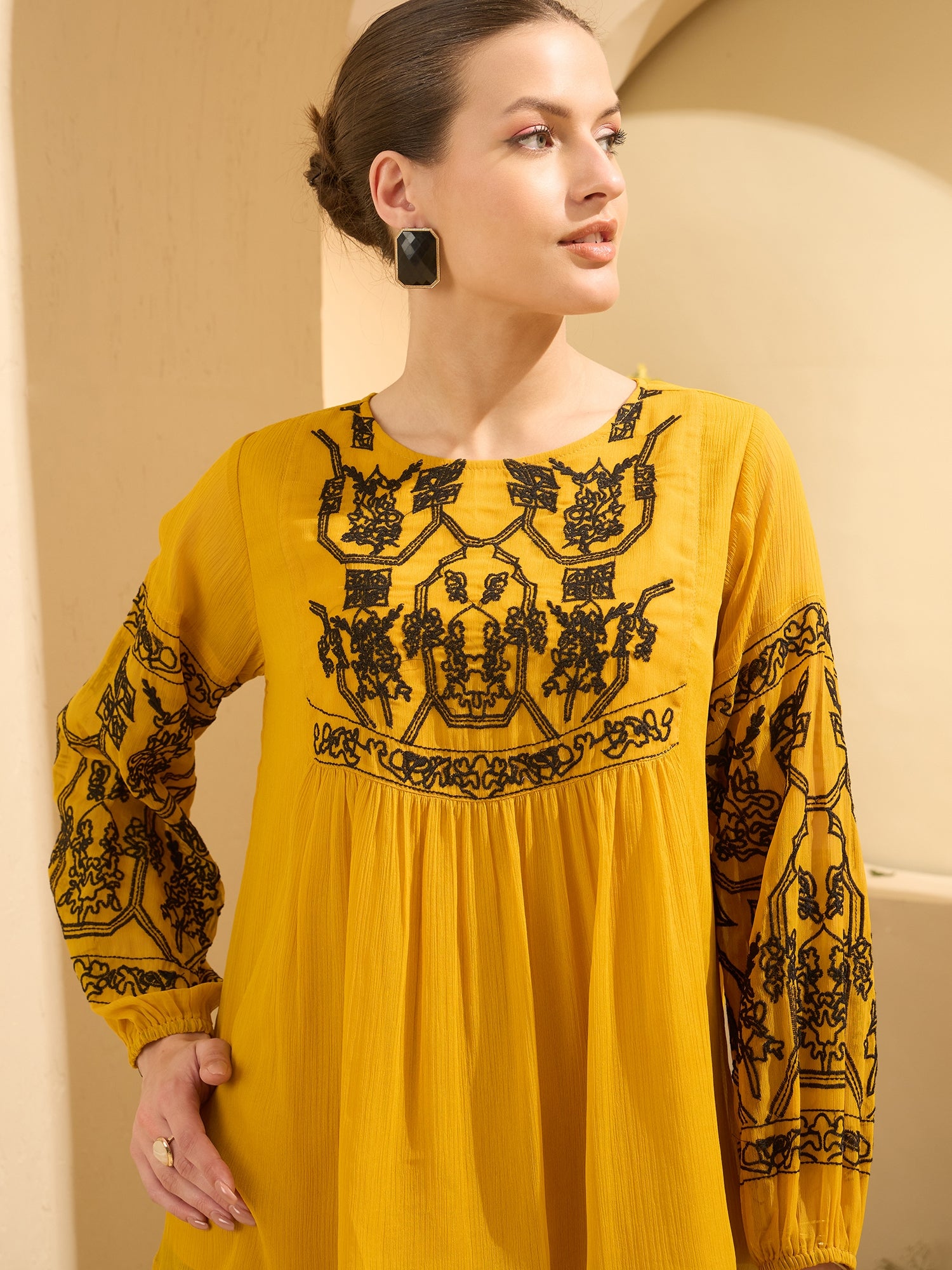 Women's Mustard Casual Embroide Top