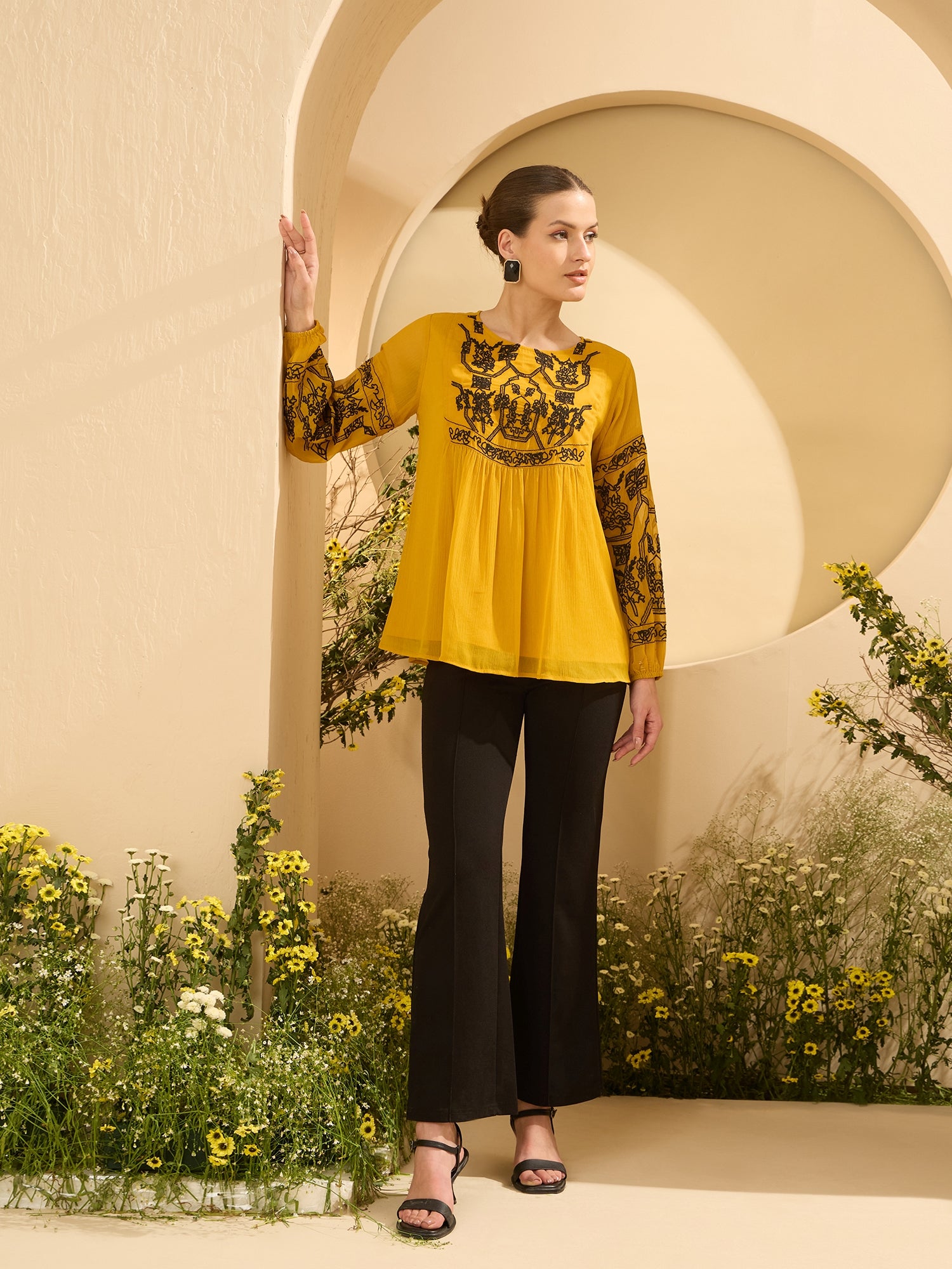 Women's Mustard Casual Embroide Top