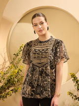 Women's Black Floral Emboride Kimono Sleeve Top