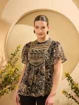 Women's Black Floral Emboride Kimono Sleeve Top