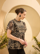 Women's Black Floral Emboride Kimono Sleeve Top