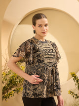 Women's Black Floral Emboride Kimono Sleeve Top