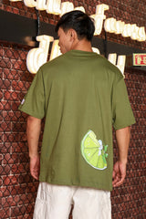 Unisex Olive Oversized Drop Shoulder Fit Tshirt with Lemon Cup Print
